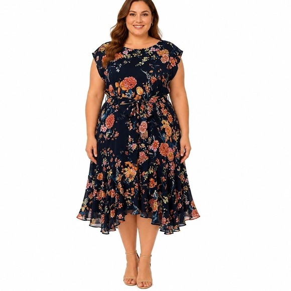 Roz & Ali Dresses & Skirts - Roz & Ali Dress Womans Plus 22 Sleeveless Navy Blue Floral Chiffon Ruffle Midi
